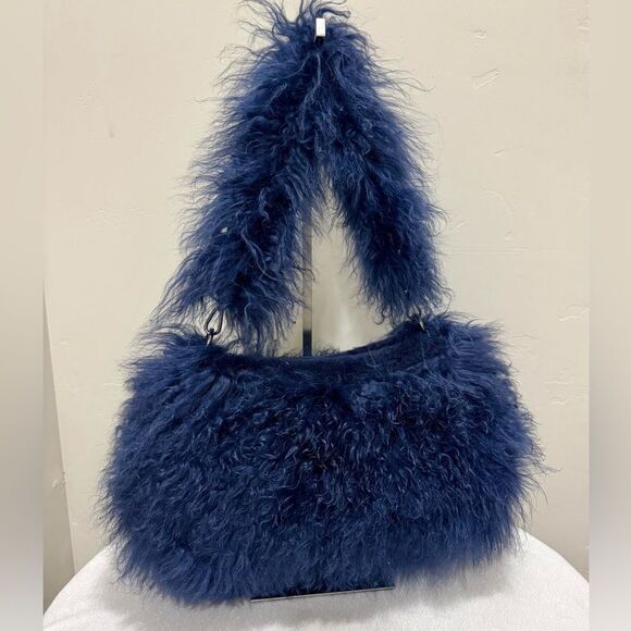 Navy Handmade Real Curly Shearling  Removable Strap Bag/Shoulder Bag/Crossbody - Picture 1 of 17